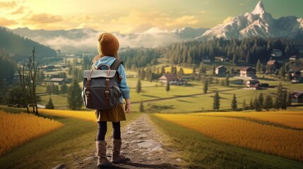 Fototapeta premium a girl walking on pebble road to green farmland, Generative Ai