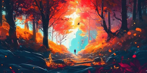 art illustration of a person walking in magic autumn forest, Generative Ai