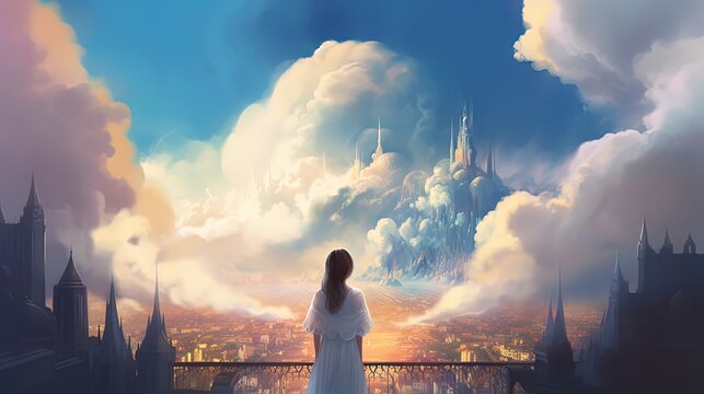 a girl at balcony looking at heaven city over cloud, Generative Ai