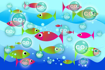 CO2 Carbon dioxide emissions are absorbed by the oceans causing warming of the seas and acidification of the waters - The ocean acts as a carbon sink - Concept illustration with fish