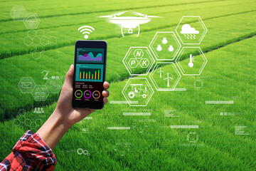 Farmers manage farmland by technology and plan their crops such as drone, truck, fertilizer and weather monitoring . smart farm and IoT internet of things concept. - obrazy, fototapety, plakaty
