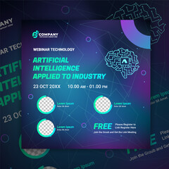 Social media template artificial intelligence (AI). Webinar, online course, and seminar flyer. Explore new trend technology artificial intelligence program university