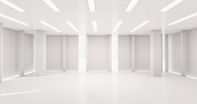 Empty white Hall exhibition space. backdrop for exhibitions and events. Tile floor. Marketing mock up.