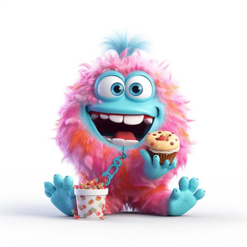Cartoon monster eating sweets on white background
