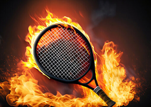 tennis racket on fire on dark flame background