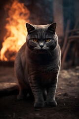 Obraz premium British short hair gray cat with sharp eyes and cool in front of fire background ,generative ai