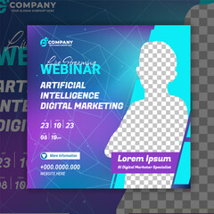 Social media template artificial intelligence (AI). Webinar, online course, and seminar flyer. Explore new trend technology artificial intelligence program university