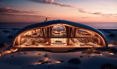 Futuristic luxury resort in Dubai desert.
