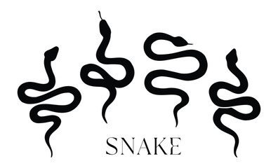 Celestial Snake Linocut Vector Icon Set. Mystic Floral Snake Silhouette Isolated on White Background. Boho and Magic Witchy Python Clipart, Occult Symbol Illustration. Black Gothic Print for T Shirt