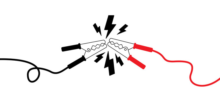Cartoon jumper cable or jumper lead for car. Booster cable icon. Plus and minus poles. Empty battery and charge the cars. Battery jumper power cables. Jump start vehicle cable. Charging battery sign.