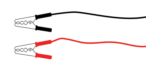 Cartoon jumper cable or jumper lead for car. Booster cable icon. Plus and minus poles. Empty battery and charge the cars. Battery jumper power cables. Jump start vehicle cable. Charging battery sign.