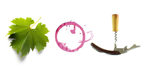wine stains, grape leaf and bottle-screw on transparent background; design element for wine card...