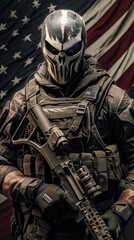 Obraz premium Special Forces Soldier with Skull Face Mask and American Flag. Generative ai