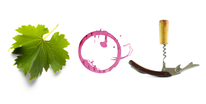 wine stains, grape leaf and bottle-screw on transparent background; design element for wine card design;  PNG transparent