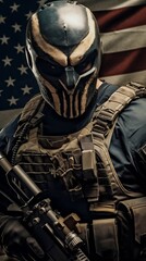 Special Forces Soldier with Skull Face Mask and American Flag. Generative ai