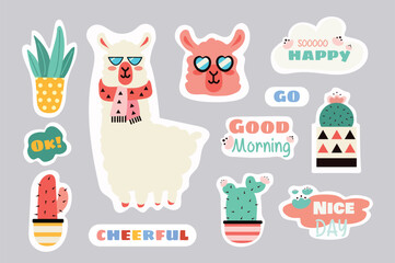 This illustration features a set of cute lama stickers with a flat and cartoon design, perfect for adding a fun touch to any project or decoration. Vector illustration.
