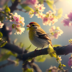 A tiny finch on a branch with spring flowers on background generated by ai