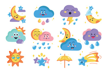This illustration features a set of flat and cartoon weather stickers with a colorful and playful design perfect for decorating weather-related projects. Vector illustration.