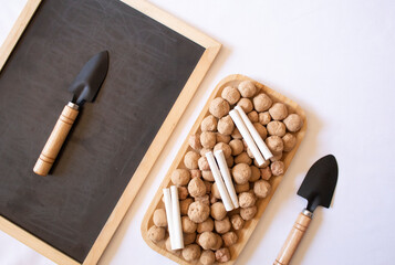 Edible caramel clay stones on a wooden plate with small garden shovels next to a chalk board with white chalks on a white background