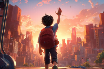 The boy waving goodbye to world at sunset. AI generated