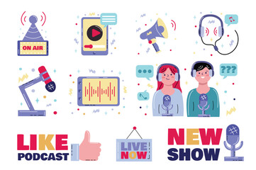 This flat cartoon design features label stickers related to podcasts. The stickers are perfect for adding elements to your podcast branding and marketing materials. Vector illustration.
