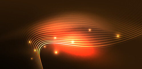 Shiny glowing neon wave. Neon light or laser show, electric impulse, power lines, techno quantum energy impulse, magic glowing dynamic lines