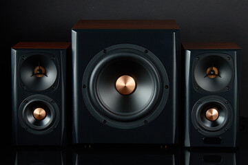 Multimedia acoustic sound speakers. Sound audio system with two satellites and subwoofer on dark...