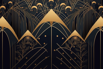 Luxury background with gold geometric ornament on a deep green background. Digital illustration.