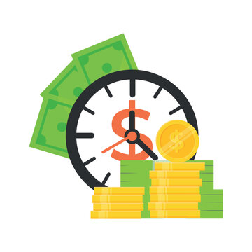 Dollar icon clock with paper money and stack of golden coins. A stack of paper money and gold coins lie next to a wall clock with a dollar symbol flat vector illustration on a white background