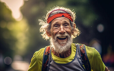 Obraz premium Funny old man is running the marathon and he looks happy but exhausted from fatigue, despite everything he smiles and resists