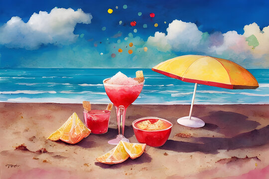 Vibrant beach scene with friends savoring red ice chop, surrounded by joy and a magical rainbow. Enjoy the summer bliss!