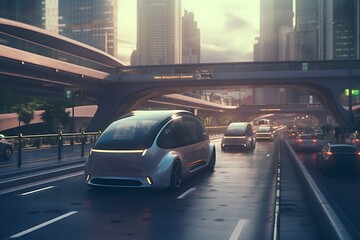 Fototapeta premium Highway Bustling with Autonomous Electric Vehicles. Generative ai