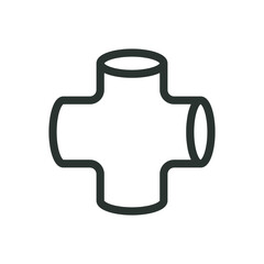 Cross pipe fitting isolated icon, cross tube connector vector icon with editable stroke