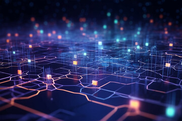 Fototapeta premium Blockchain data fields. Network line connect stream. Concept of AI technology, digital communication, Cyber big data flow science research, 3D illustration music waves 4k