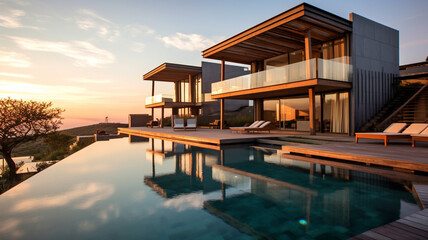 Fototapeta premium Modern cottage with swimming pool, modern style of decorating the cottage