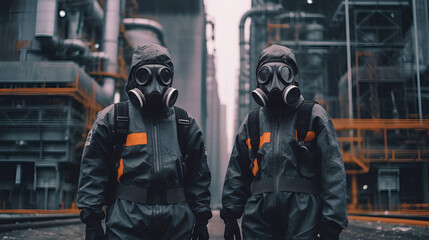 Generative ai illustration of two men outside the factory wearing gas masks