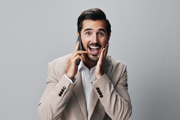 phone man call isolated happy smartphone portrait suit business smile hold