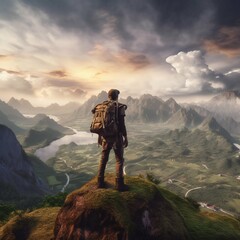 Backpacker Standing on Top of a Mountain, Looking Out Over a Breathtaking Landscape. Generative ai