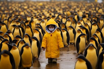 Child in Yellow Raincoat Standing Between Raindrops. Generative AI