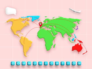 Communication map colorful world with plane, mark location and speech bubble on isolated background. meeting points of airports and global communications. Illustration 3D for online connect. Global