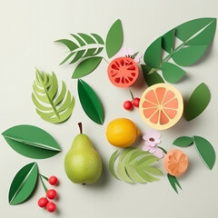 Obraz premium Set of tropical fruits in paper cut style. Whole and sliced orange, tangerine, mango, lime, lemon, grapefruit, melon, pear, kiwi in origami art. Generative ai illustration.