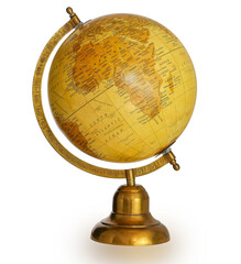 Classic old vintage Table world metal Globe model in yellow and gold color showing Africa map isolated on white background.