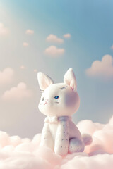 white fluffy cat,white cat with sky,happy baby toy cat sitting on fluffy clouds ,cat toy in the clouds,cat toy on sky