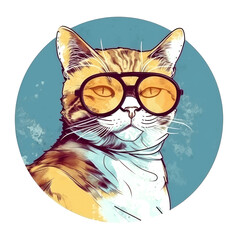 Cute cat in glasses. Avatar of a Funny Pet in sunglasses. Colorful portrait of kitten. User profile. Icon with funny feline character in a circle. Generative ai illustration.