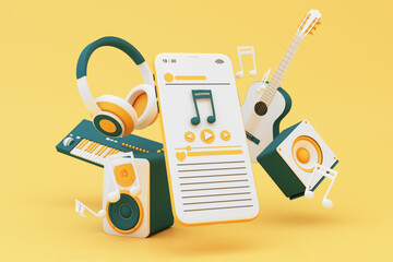 Headphones and smartphone with music notes floating on yellow background surrounded by Speaker with musical instruments. concept of fun song or music festival. 3d render illustration cartoon style - 613801536