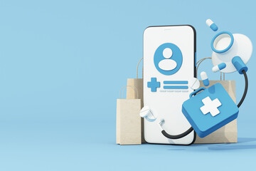 Concept of remote patient medical care with video call or VR through the phone on the online system to reach patients in a short time future medical care concept. on blue background. 3d rendering - obrazy, fototapety, plakaty