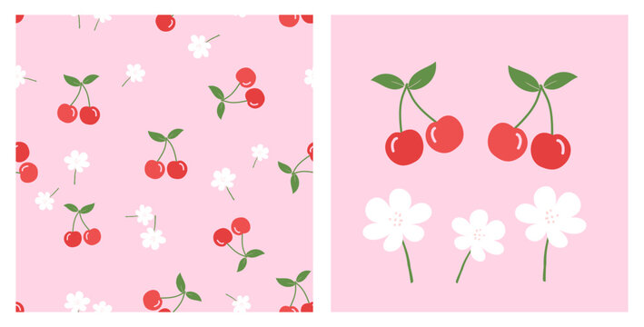 Seamless pattern of cherry fruit, green leaves and white flower on pink background. Cherry fruit and cute flower icon sign vector illustration.