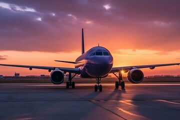 Fototapeta na wymiar airplane landing at sunset. 