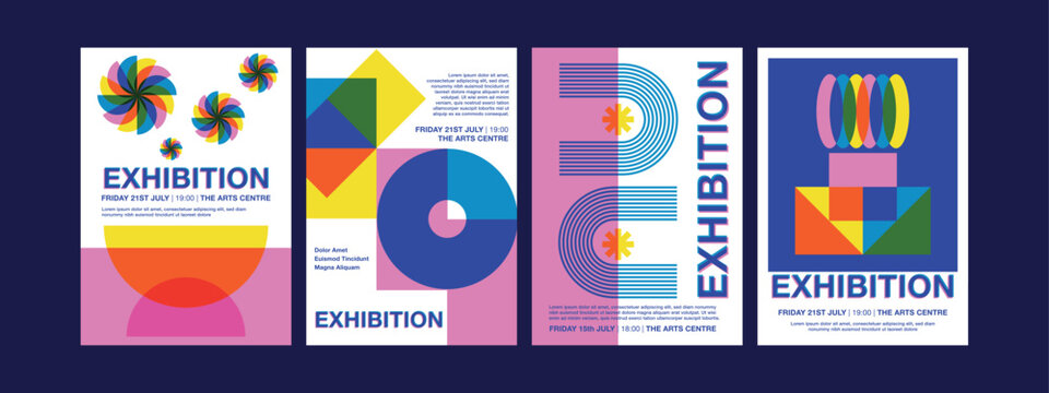 Geometric Retro Set of Poster Templates for Art Exhibition in Risograph Overlapping Minimalstic Modern Style