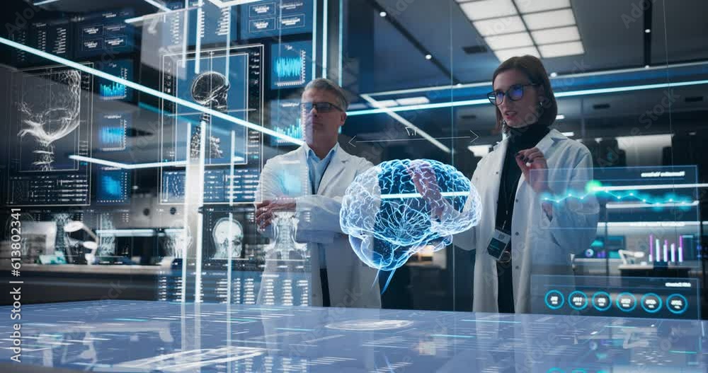 Poster Two Neuroscientists Working With Computer-Powered Animated VFX Hologram Of Human Brain And Nervous System In Futuristic Laboratory. Caucasian Man And Woman Working On Solutions for Brain Damage.